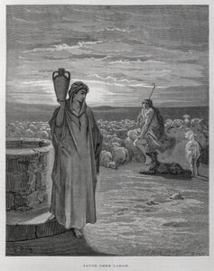 Jacob ve a Raquel en el pozo de la casa de Labán, Ilustración de la Biblia de Dore de Gustave Dore