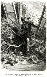 Jacquemin Lampourde, con el arma en la mano, llegó a un punto de la batalla. Grabado de Gustave Dore que ilustra la novela picaresca de capa y espada de Theophile Gautier "Le capitaine Fracasse", edición Charpentier 1863. de Gustave Dore