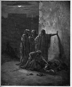 Los compañeros de Jehú encuentran los restos de Jezabel - grabado en madera para la Biblia por Gustave Doré - Los compañeros de Jehú encuentran la cabeza y extremidades de Jezabel - grabado en “La Biblia ilustrada” por Gustave Doré (1832-1883) - Grabado de de Gustave Dore