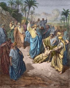 Jesucristo curando a un joven poseído por el demonio - Jesús sanando al lunático - Grabado en color después de Gustave Doré de Gustave Dore