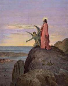 Jesús en el desierto, sometido a la tentación del diablo - La tentación de Cristo - Satanás tentó a Jesús - grabado por Gustave Doré - coloreado posteriormente de Gustave Dore