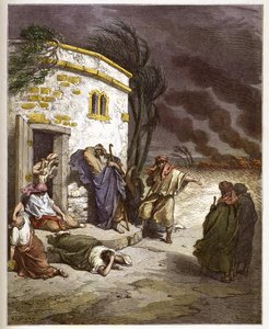 Job oyendo de su ruina - Job aprendiendo de su ruina - grabado en “The Bible illustree” por Gustave Dore (1832-1883) - Grabado de “The Dore Bible” de Gustave Dore