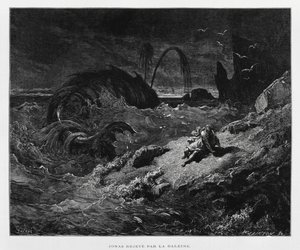 Jonás expulsado a tierra firme por la ballena, Ilustración de la Biblia de Dore de Gustave Dore
