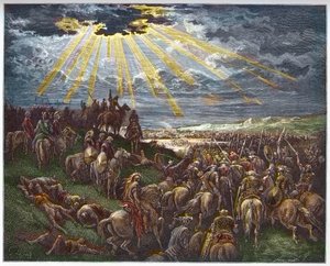 Josué ordenando al sol que se detenga - Josué detiene el sol - grabado en “The Bible illustree” por Gustave Dore (1832-1883) - Grabado de “The Dore Bible”