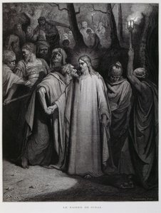 Judas traiciona a Jesús con un beso; Ilustración de la Biblia de Dore