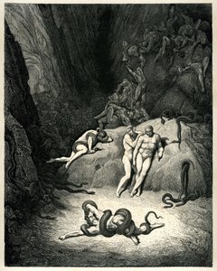 El Infierno (La divina commedia) de Dante Alighieri ilustrado por Gustave Dore. Edición Hachette 1861. Traducción francesa de Pier-Angelo Fiorentino. Gli altri duo riguardavano, e ciascuno - Gridava: ¡Oh yo, Anel, come ti muti! (Los otros dos le miraron y  de Gustave Dore