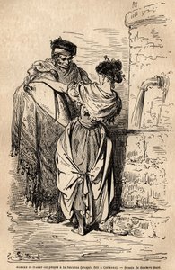 Hombre y mujer del pueblo en la fuente, en Carmona, pueblo cerca de Sevilla. Boceto tomado en vivo por Gustave Dore (1832-1883). Grabado para ilustrar el viaje en España, en 1862 por Charles Davillier y Gustave Dore, en “Le tour du monde, nouveau
