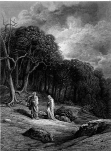 Merlín y Viviane en el Bosque de Brocelianda - en “Viviane” por Alfred Tennyson, ilustración por G. Doré de Gustave Dore