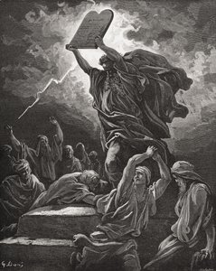 Moisés rompiendo las tablas de la ley, Éxodo 32:19, ilustración de 