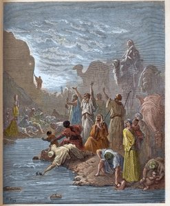 Moisés hace brotar agua de la roca - Moisés hace brotar agua de la roca, en el desierto - Libro del Éxodo (Biblia) - grabado en "La Biblia ilustrada" por Gustave Doré (1832-1883) - Grabado de "La Biblia de Doré" de Gustave Dore