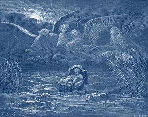 Moisés en el río Nilo, grabado por Doré - Biblia de Gustave Dore