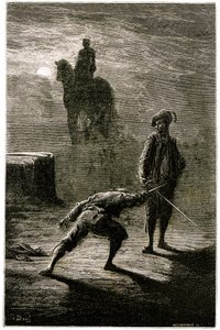 Duelo nocturno a la luz de la luna entre el barón de Sigognac y Jacquemin Lampourde, bajo la estatua ecuestre del Rey de Bronce. Grabado de Gustave Dore que ilustra la novela de Theophile Gautier "Le capitaine Fracasse", edición Charpentier 1863. de Gustave Dore