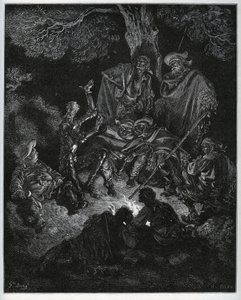 Luz nocturna donde Don Quijote cuenta la historia del mundo a las cabras y a Sancho Panza - de "Don Quijote de la Mancha" de Miguel de Cervantes (1547-1616) - xilografía después de un dibujo de Gustave Doré. de Gustave Dore