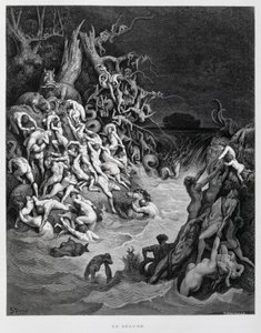 Noé y su arca escapan mientras el gran diluvio envuelve la tierra, Ilustración de la Biblia de Dore