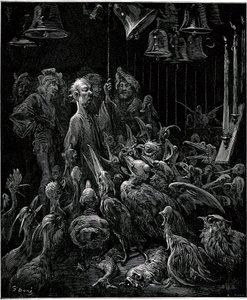 En la isla Sonnante, Panurge hace cantar a los pájaros haciendo sonar las campanas - ilustración de Gustave Dore para las obras completas de François Rabelais - Libro Quinto - Pantagruel de Gustave Dore