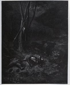 Uno de los fugitivos, Ginés de Pasamonte, roba el burro de Sancho Panza durante el sueño de los dos viajeros - de 