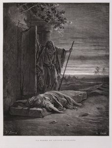 Indignación en Gabaa, el levita se lleva a su concubina muerta, Ilustración de la Biblia de Dore.
