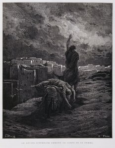 Indignación en Gabaa, el levita se lleva a su concubina muerta, Ilustración de la Biblia de Dore. de Gustave Dore