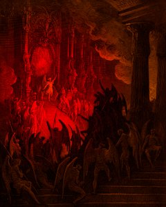 El Paraíso Perdido: Satanás en el Consejo, grabado por Gustave Doré