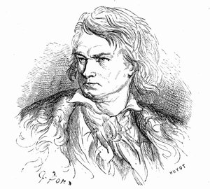 Retrato de Beethoven por Gustave Dore, hacia 1855, para ilustrar un texto de Hippolyte Taine: "-¿Qué es Beethoven "Un pobre gran hombre, sordo, enamorado, desconocido y filósofo, cuya música está llena de sueños gigantescos o dolorosos".