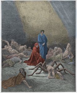 Purgatorio, Canto 12: Dante ve el alma de Aracne, ilustración de "La Divina Comedia" de Dante Alighieri, 1885 de Gustave Dore