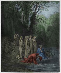 Purgatorio, Canto 33: Dante bebe del río Eunoe, ilustración de "La Divina Comedia" por Dante Alighieri, 1885 de Gustave Dore