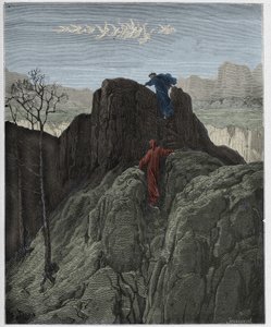 Purgatorio, Canto 4: Virgilio guía a Dante por la escarpada ladera de la montaña, ilustración de "La Divina Comedia" por Dante Alighieri, 1885 de Gustave Dore