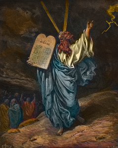 Representación de Moisés con las nuevas Tablas de la Ley en el Monte Sinaí - grabado por Gustave Doré (1832-1883) - coloreado posteriormente de Gustave Dore