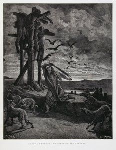 Rizpah impide que las fieras profanen los cuerpos de sus hijos muertos, Ilustración de la Biblia de Dore. de Gustave Dore