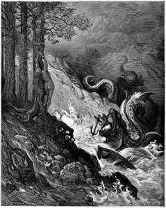 Ruggiero lucha contra el monstruo marino (dragón) que amenaza a Olimpia desnudo atado a un árbol, bloquea sus fauces con un ancla y salva a Olimpia (canto 11 postura 37) - Grabado de Gustave Dore (1832-1883) que ilustra "El Rolando Furioso" (1878) de Ludov de Gustave Dore