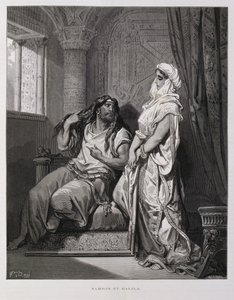 Sansón y Dalila, capítulo 16, del Libro de los Jueces, en el Antiguo Testamento, Ilustración de la Biblia de Dore. de Gustave Dore