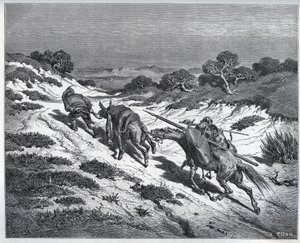 Sancho Panza, Don Quijote y sus monturas después de su derrota contra los Yangüeses - de "Don Quijote de la Mancha" de Miguel de Cervantes (1547-1616) - xilografía después de un dibujo de Gustave Doré.