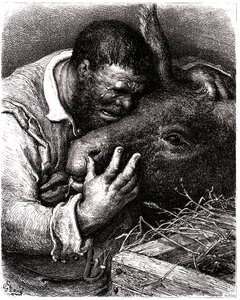 Sancho Panza llora mientras besa a su burro
