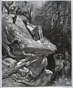 Sancho Panza encuentra a su amo, siempre en penitencia - de “Don Quijote de la Mancha” por Miguel Cervantes (1547-1616) - xilografía según dibujo de Gustave Doré de Gustave Dore