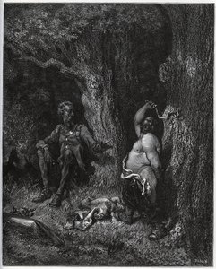 Sancho Panza vuela frente a Don Quijote para cumplir el deseo de Merlín y así desencantar a Dulcinea del Toboso. Don Quijote le insta a moderar sus ardores - de 