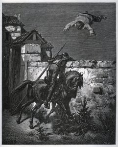 Sancho Panza es engañado, y Don Quijote no puede intervenir - de “Don Quijote de la Mancha” de Miguel Cervantes (1547-1616) - xilografía después de un dibujo de Gustave Doré de Gustave Dore