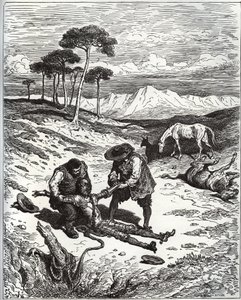 Sancho y el primo sacan a Don Quijote (dormido) de la cueva de Montesinos - de “Don Quijote de la Mancha” de Miguel Cervantes (1547-1616) - xilografía según dibujo de Gustave Doré de Gustave Dore