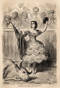 Escena de corrida de toros: el triunfo de Teresa Bolsi, torera andaluza, saludando a la asamblea que la aclama en Sevilla. Boceto tomado en vivo por Gustave Doré (1832-1883). Grabado para ilustrar el viaje a España, en 1862 por Charles Davillier y G