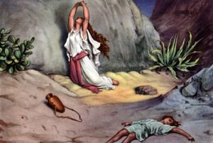 Conjunto de postales educativas bíblicas de los años 50 , realizadas después de Bellas Artes: aquí después de "Agar e Ismael en el desierto" de Gustave Dore