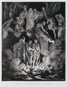 Sadrac, Mesac y Abednego en el horno de fuego, ilustración de la Biblia de Dore. de Gustave Dore