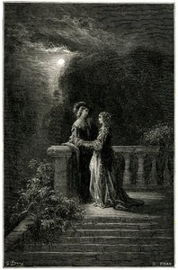 Sigognac e Isabelle: amantes finalmente unidos a la luz de la luna. ¡Al final triunfa el amor! Grabado de Gustave Dore que ilustra la novela picaresca de capa y espada de Theophile Gautier "Le capitaine Fracasse", edición Charpentier 1863. de Gustave Dore
