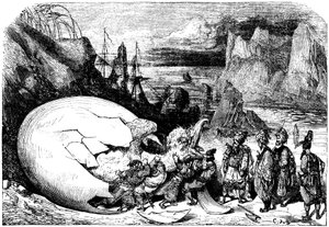 Sindbad el marino (Simbad) - cuento de las mil y una (1001) noches - ilustración de Gustave Dore - edición Maxwell 1865 - Quinto viaje: los mercaderes que acompañan a Sindbad rompen la cáscara de un gigantesco huevo del ave gigante Roc para extraer una eno
