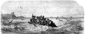 Sindbad el marino (Simbad) - cuento de las mil y una (1001) noches - ilustración de Gustave Dore - edición Maxwell 1865 - Tercer viaje: Sindbad y sus compañeros navegan a bordo de una balsa de Gustave Dore