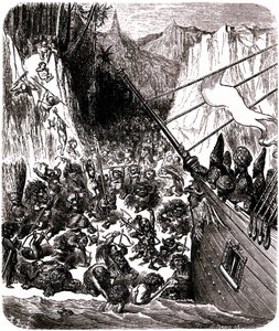 Sindbad el marino (Simbad) - cuento de las mil y una (1001) noches - ilustración de Gustave Dore - Tercer viaje: un tempete arroja el barco de Sindbad y sus compañeros a una isla donde son asaltados por una multitud de seres diminutos y horribles.