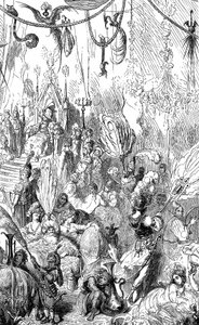 Sindbad el marino (Simbad) - cuento de las mil y una (1001) noches - ilustración de Gustave Dore - edición Maxwell 1865 - Sexto viaje - este grabado puede representar la corte del rey de Serendib o la del califa Haroun al-Rashid (Harun al de Gustave Dore