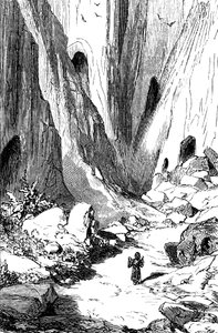 Sindbad el marino (Simbad) - cuento de las mil y una (1001) noches - ilustración de Gustave Dore - edición Maxwell 1865 - Segundo viaje: Sindbat descubre un valle con diamantes, pero que desgraciadamente está ocupado por serpientes gigantes. Tomará refu