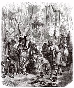 Sindbad el marino (Simbad) - cuento de las mil y una (1001) noches - ilustración de Gustave Dore - edición Maxwell 1865 - Prólogo: un pobre portador (Hinbad) se presenta ante Sindbad, que se ha hecho viejo y rico. Éste le contará su aventu