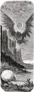 Sindbad el marino (Simbad) - cuento de las mil y una (1001) noches - ilustración de Gustave Dore - edición Maxwell 1865 - Segundo viaje: Sindbad habiendo descubierto en una isla un enorme huevo del gigantesco pájaro Roc es atacado por este pájaro gigante - de Gustave Dore