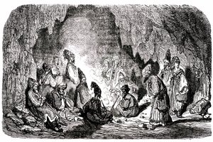 Sindbad el marino (Simbad) - cuento de las mil y una (1001) noches - ilustración de Gustave Dore - Edición Maxwell 1865 - Primer viaje: Sindbad, abandonado en medio del mar por sus compañeros, llega a una isla y encuentra en una cueva a la palefrenie de Gustave Dore
