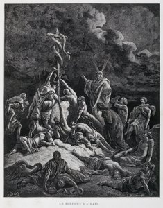 Entonces Moisés hizo una serpiente de bronce y la puso en un asta. Números 21:7, Ilustración de la Biblia de Dore